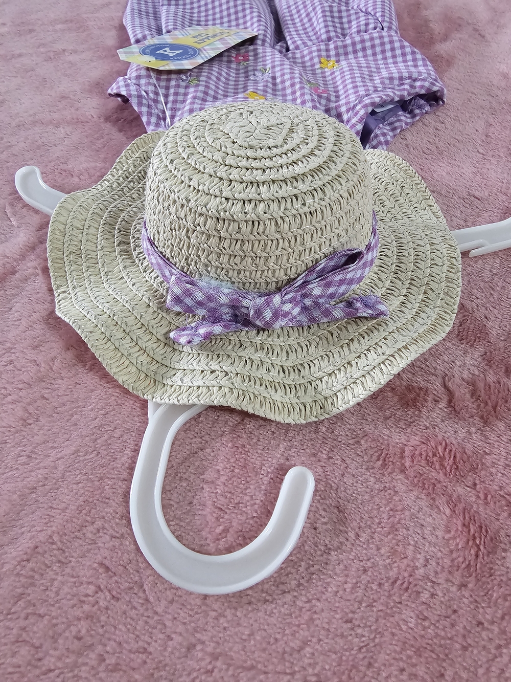 Kj Brand Lavender Gingham Embroidered Dog Sundress with Straw Hat "XS" - Picture 4 of 8